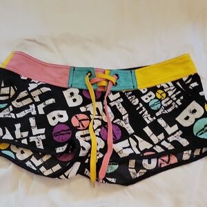 Fall Out Boy Black Graphic Swim Shorts with Pink, Yellow & Teal Waistband